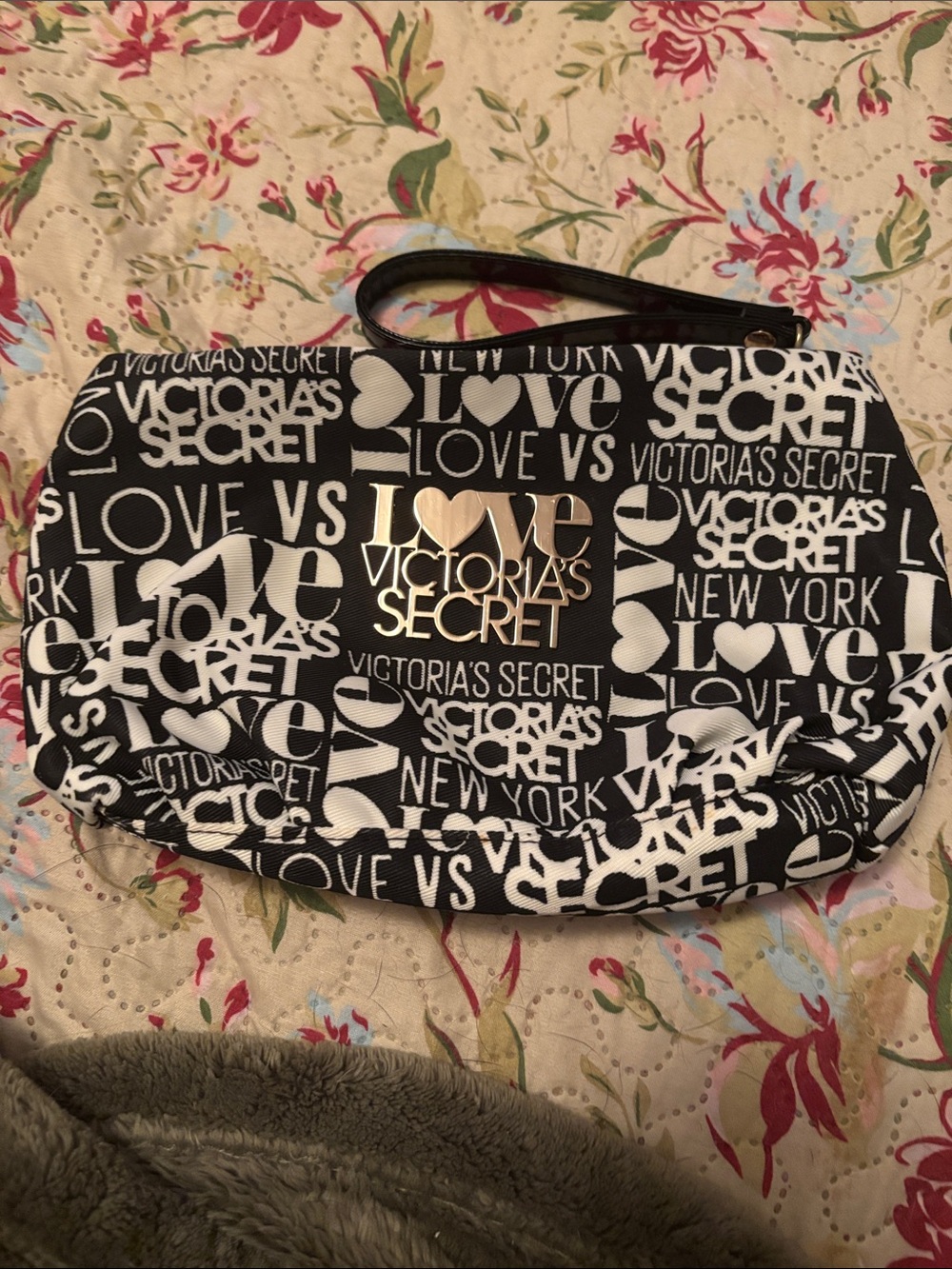 Victoria's Secret Black & White Logo Wristlet with Gold Plaque